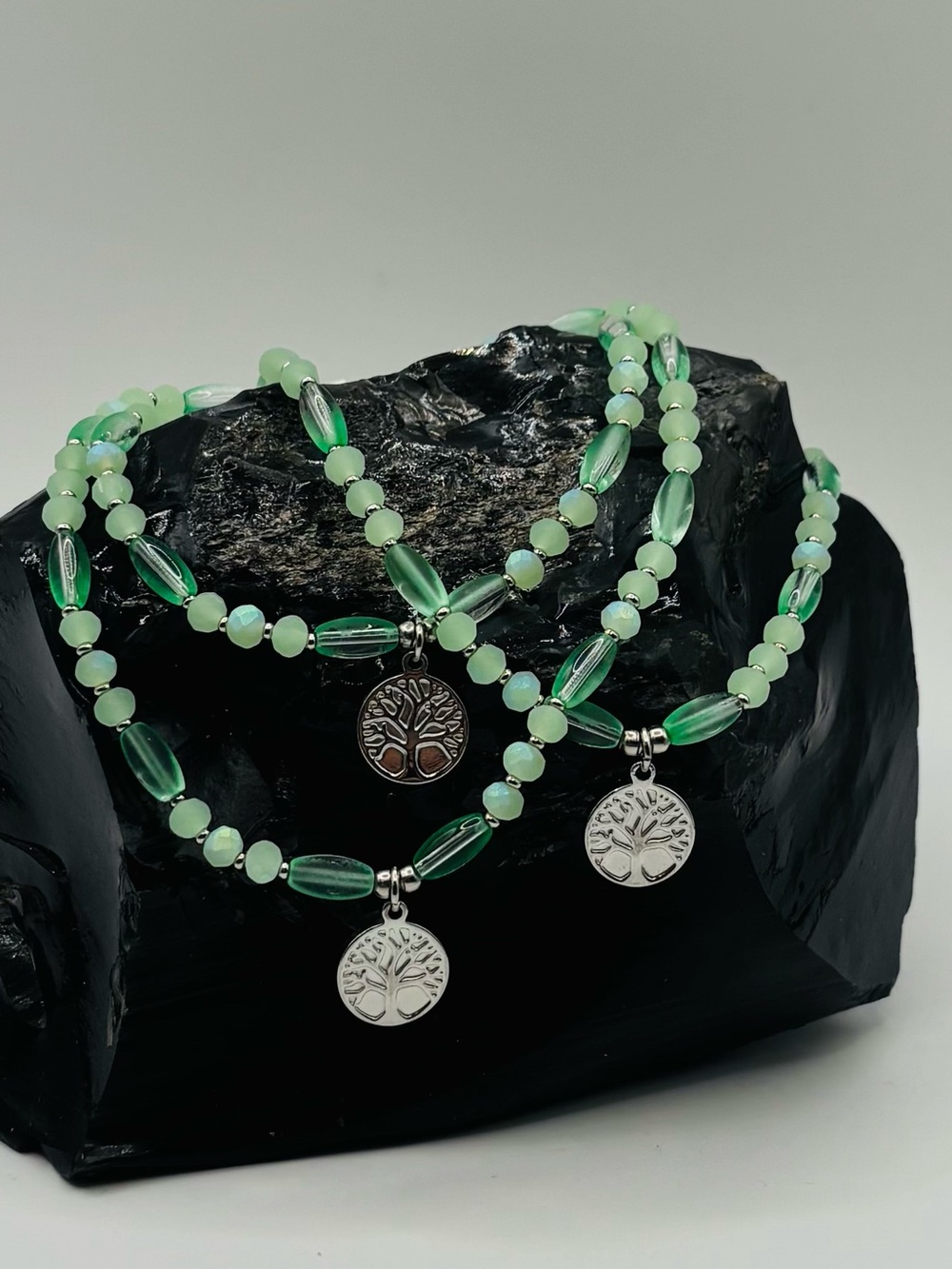 *ANKLET* S.Steel Tree of Life & Frosted Green Glass Stretchy Anklet